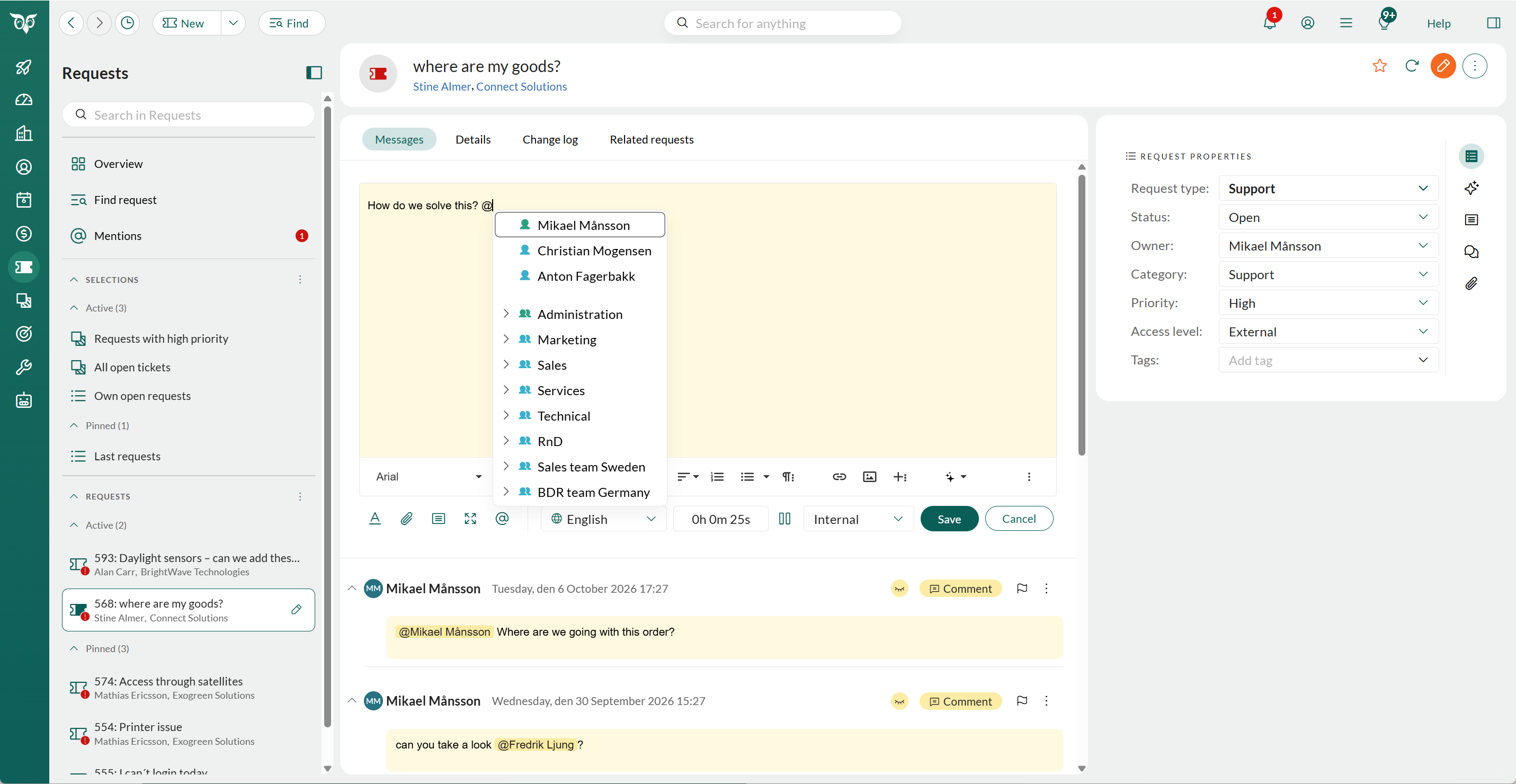 Typing @ in a request comment opens a list of colleagues and groups to mention