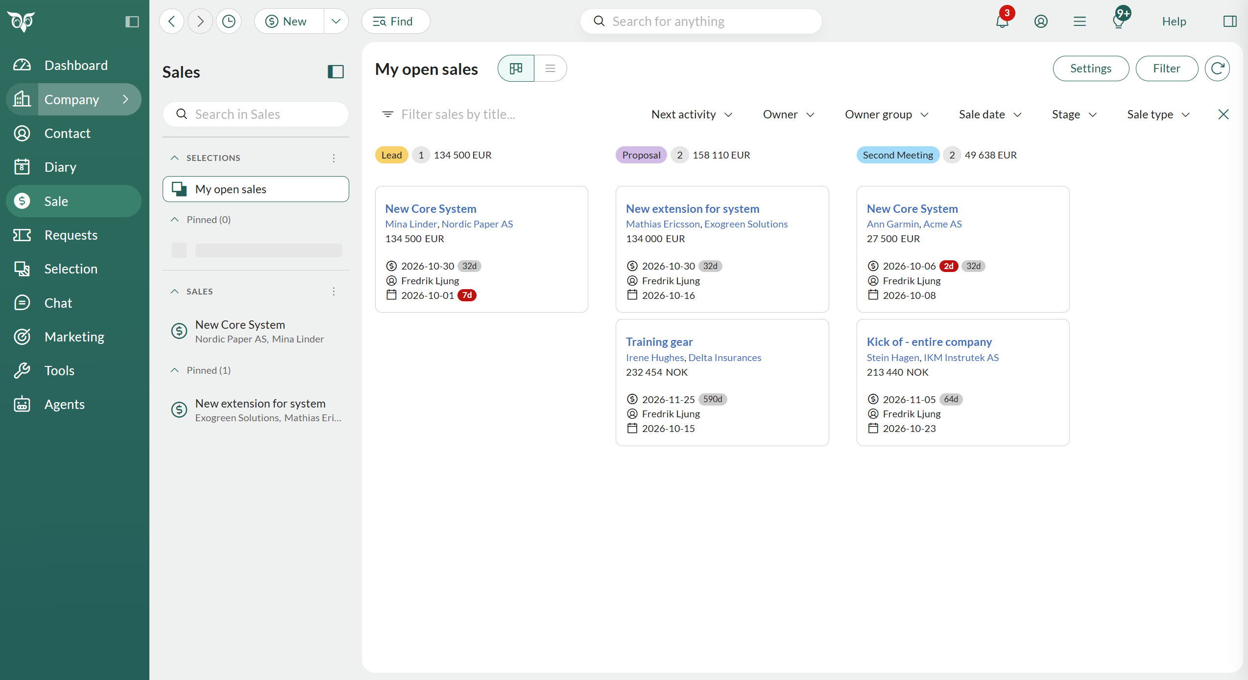 The new Sale screen showing My open sales in board view, with selections and pinned sales in the left menu