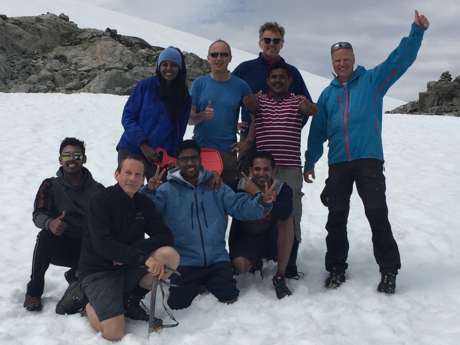 Team photo on the top of a glacier on Hallingskarvet, Norway