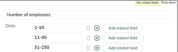 The image displays an interface with a drop-down menu for selecting the number of employees, ranging from 1-10, 11-50, to 51-250, with an 'x' option to add more related fields.

KI-generert innhold kan være feil.