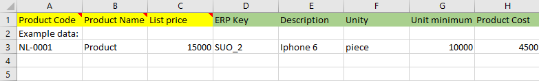 An example of an import file in Excel