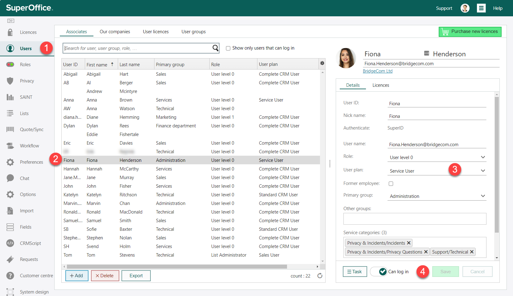 User settings in SuperOffice CRM where you change user plans