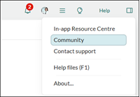 SuperOffice Help menu with Community highligted, select will open Community in logged in status
