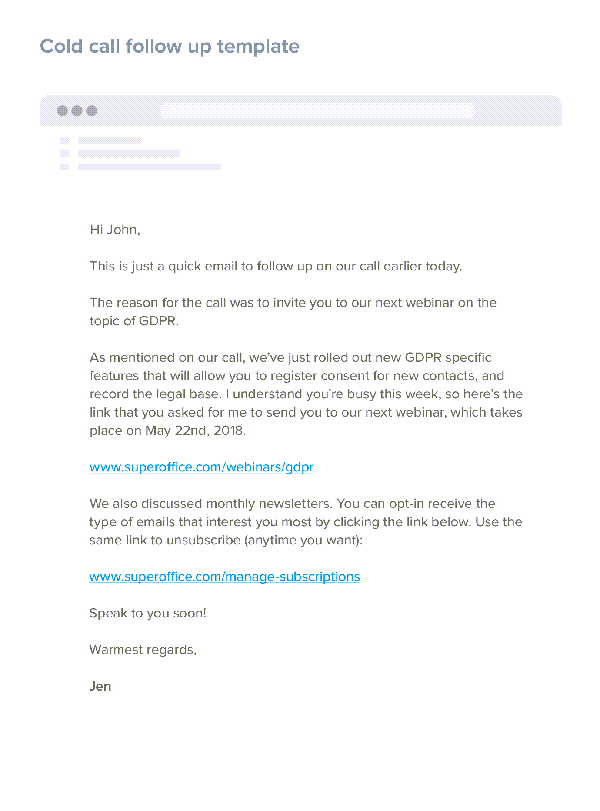 Example cold call follow-up email template
