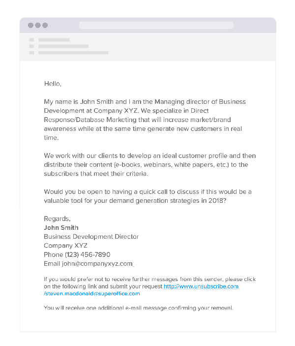 Example of a non-compliant cold sales email