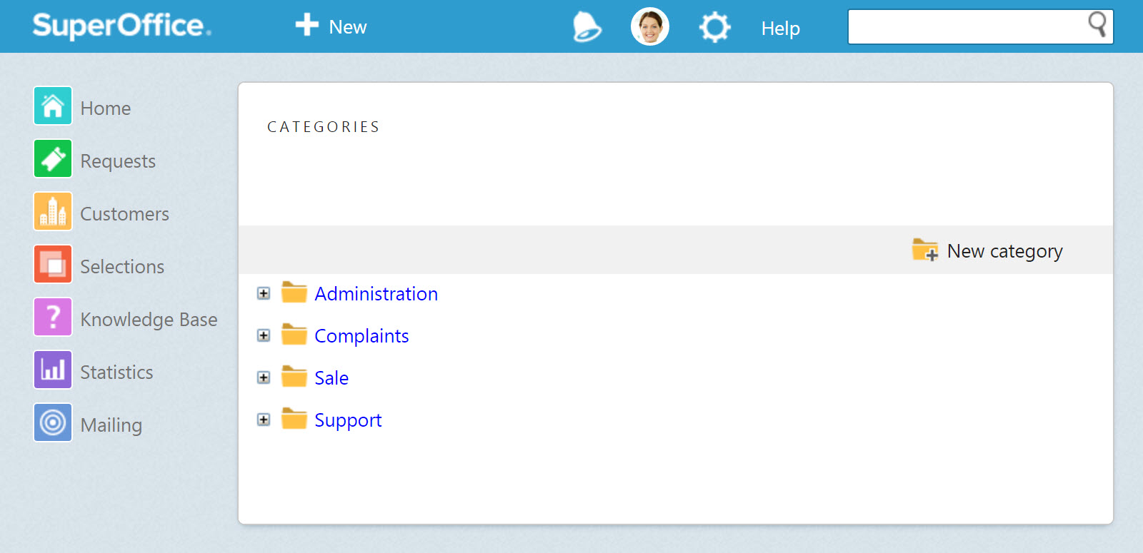 Folders with the names "Administration", "Sales", "Complaints", and "Support" (screenshot)