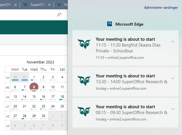 Get pop-up notifications on your follow-ups in SuperOffice. Click on the Show button to get open the appointment.