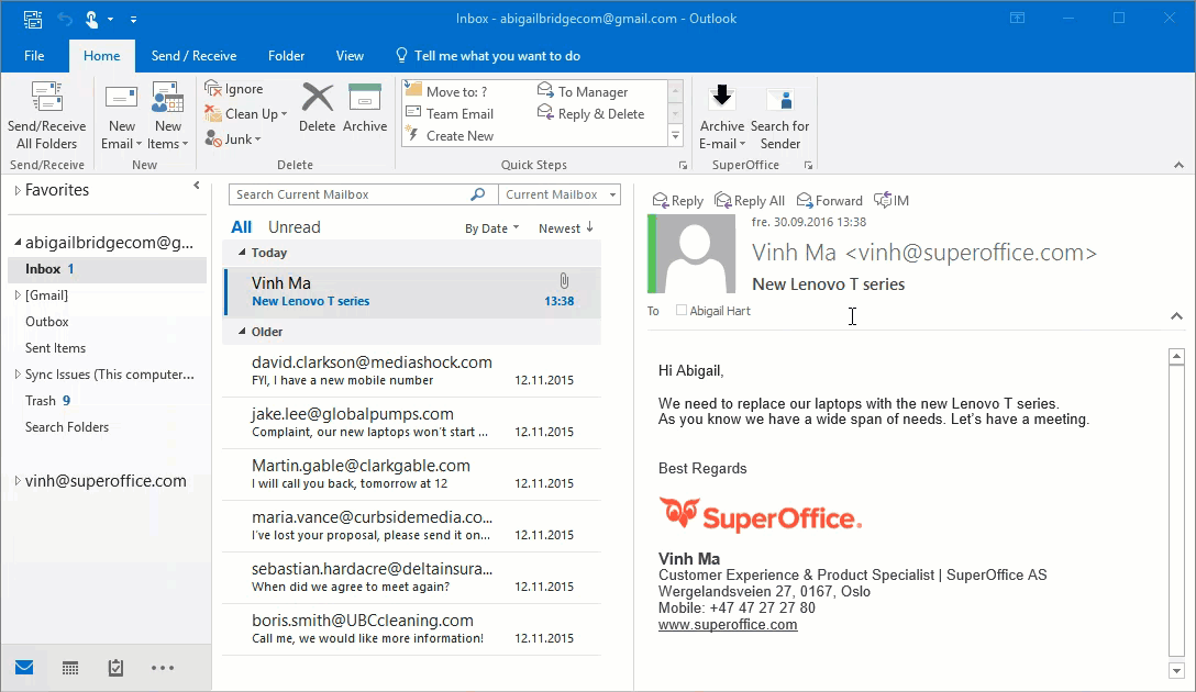 E-Mails direkt von Outlook in SuperOffice archivieren