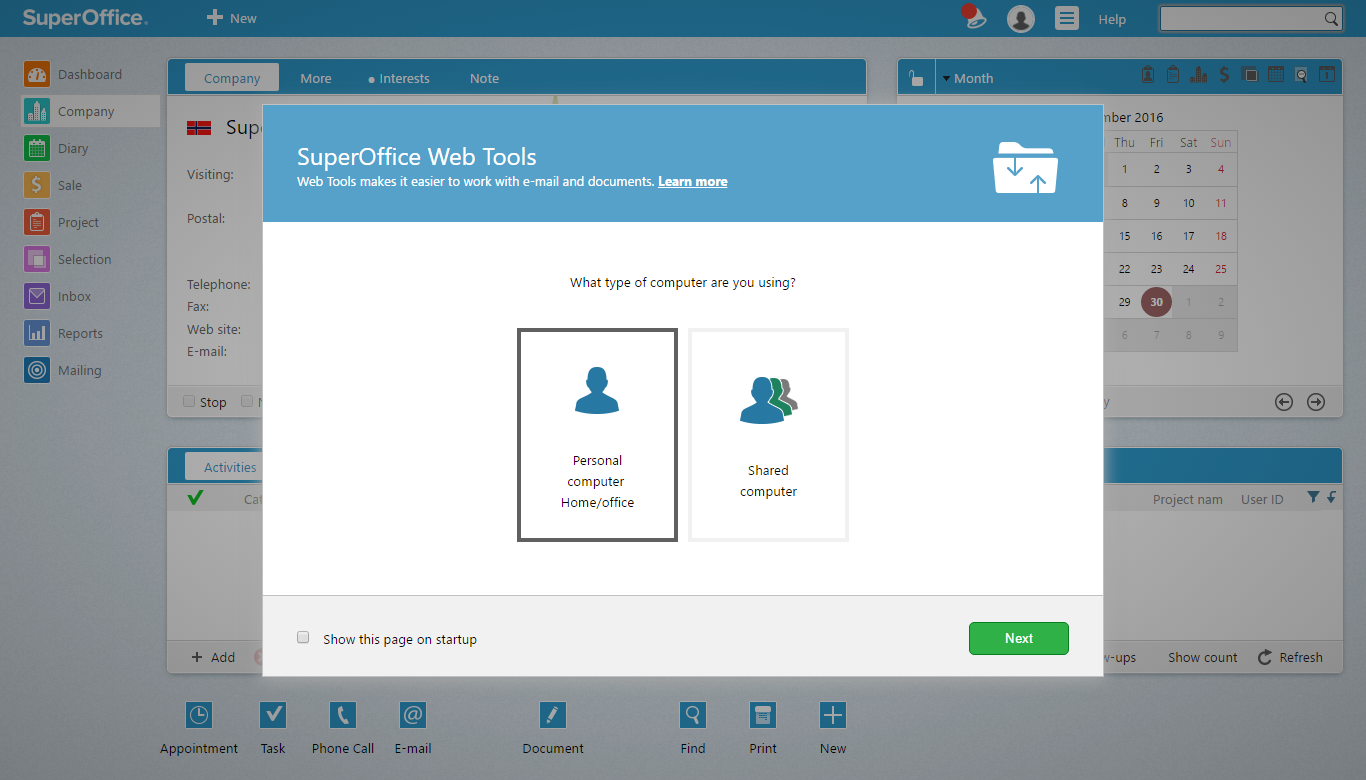 Web tools pop-up screen appears first time you login to SuperOffice or when a new version is available.