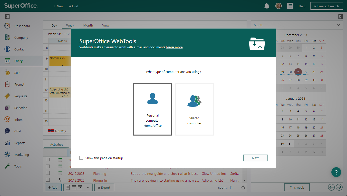 Web tools pop-up screen appears first time you login to SuperOffice or when a new version is available.