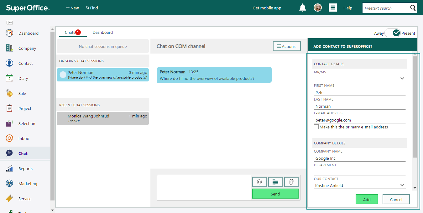 You can add a new contact to SuperOffice CRM through the sidepanel