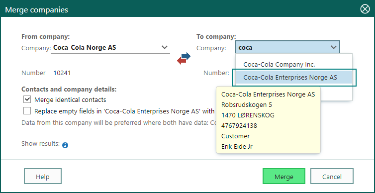In the Merge companies dialog, make sure you select the correct company in the From field AND in the To field