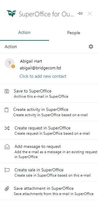 In the Action tab you can carry out tasks such as save to email and create activity in SuperOffice