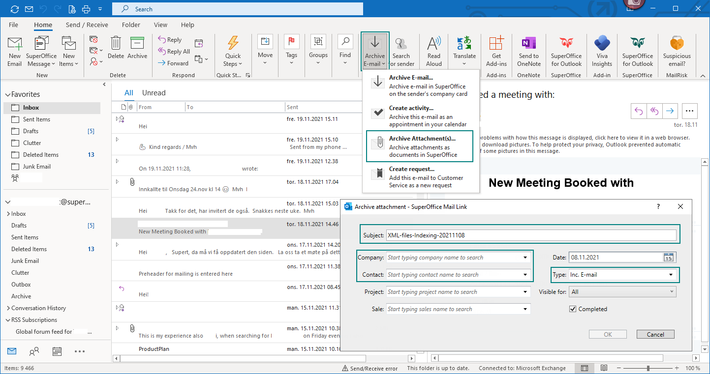 Using Mail Link in Outlook to archive attachment(s) to SuperOffice CRM