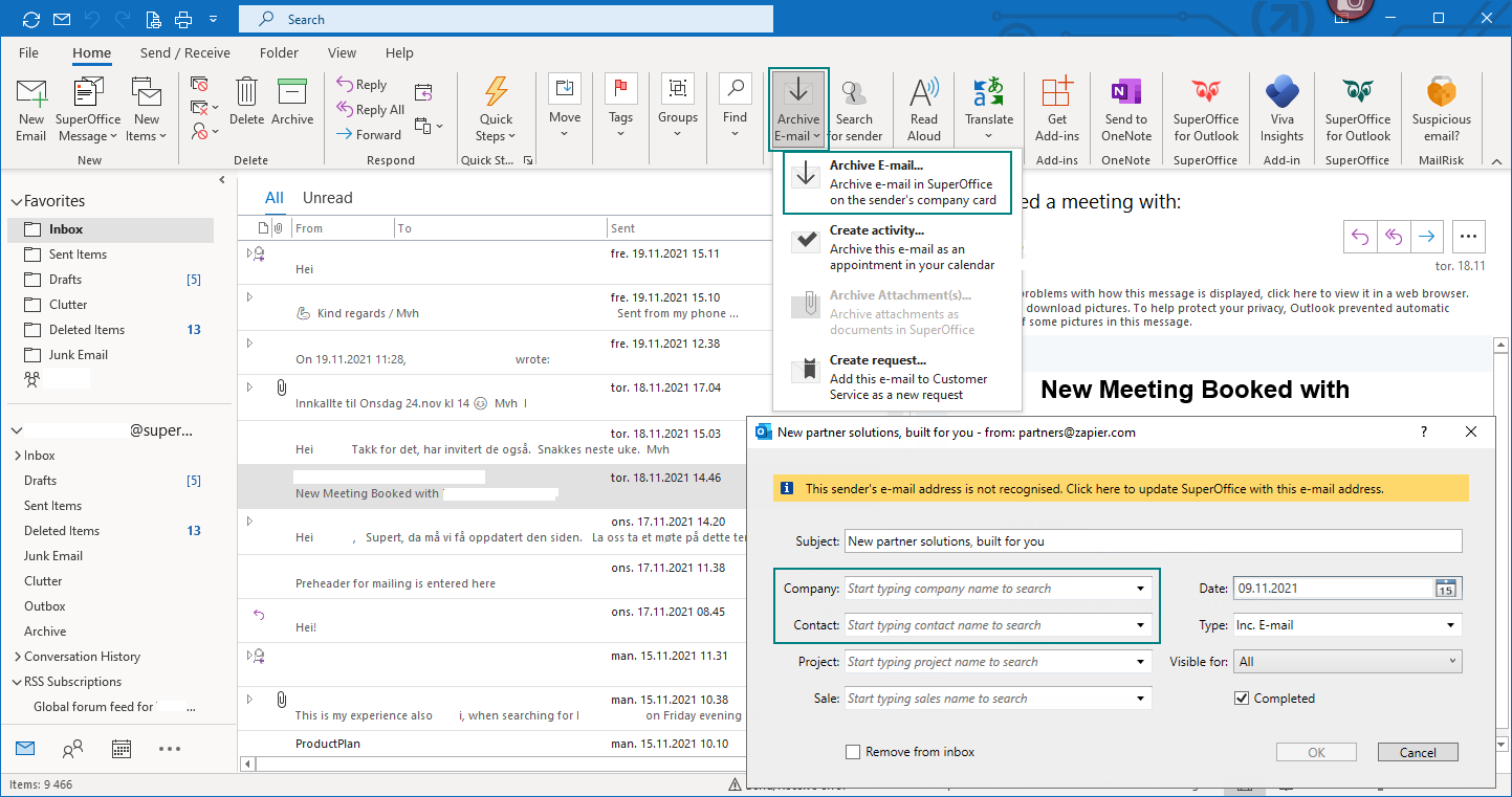 Using Mail link in Outlook to archive an email to SuperOffice CRM