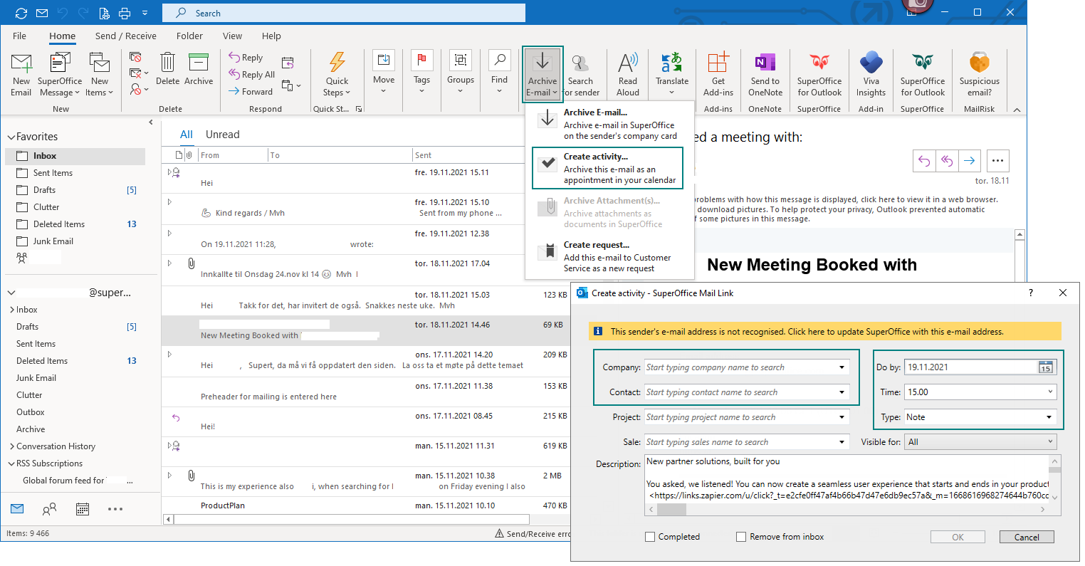 Use Mail link in Outlook to convert an email into an activity in SuperOffice CRM