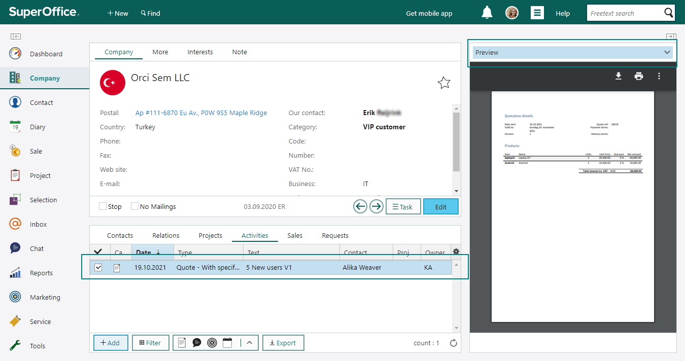 side panel on the right is open in SuperOffice CRM, viewing the whole email as the mouse clicked on the subject title from the list