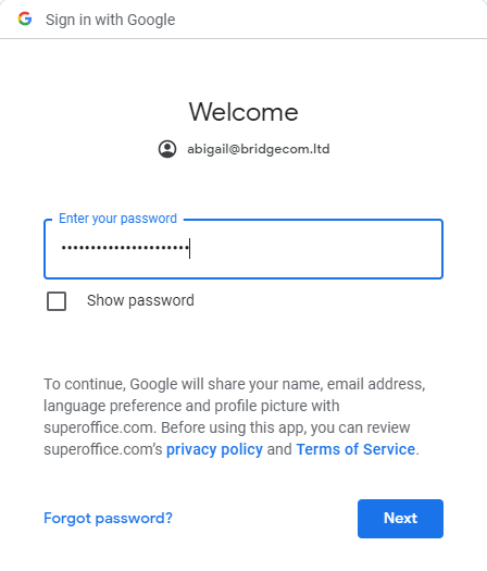 Google log in screen with password typed in