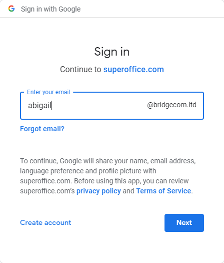 Google log in screen with email typed in