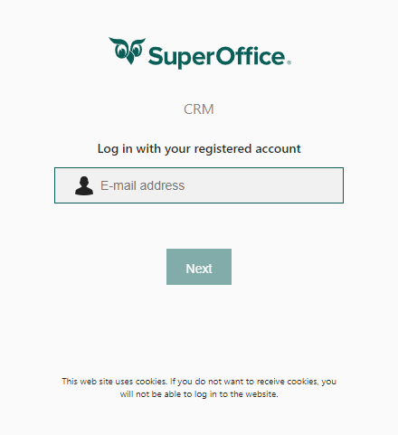 Superoffice CRM log in screen, where you type in your email
