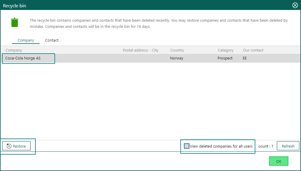 In the Recycle bin, just select the companies and contacts you want to restore, and click the Restore button