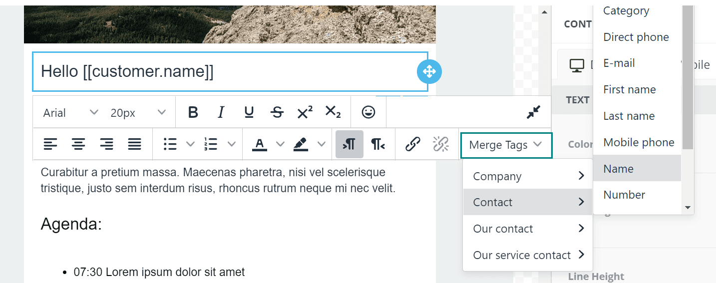 Click the relevant text and choose Merge tags to customise your mailing