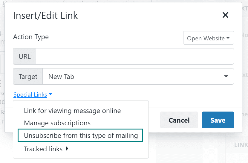 Click insert/edit link to insert an unsubscribe link