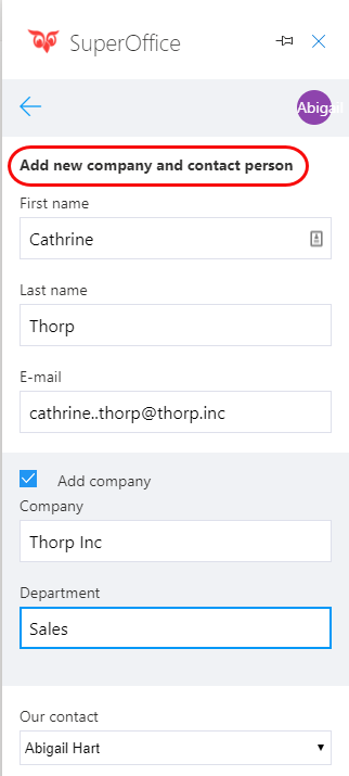 SuperOffice for Outlook add-in showing headline Add new company and contact person