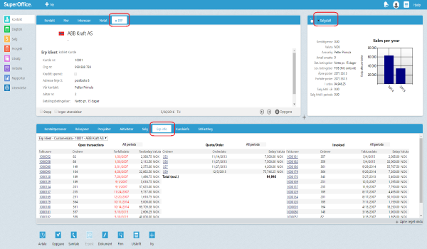 In SuperOffice CRM software showing key ERP info about the customer payment and discount terms 