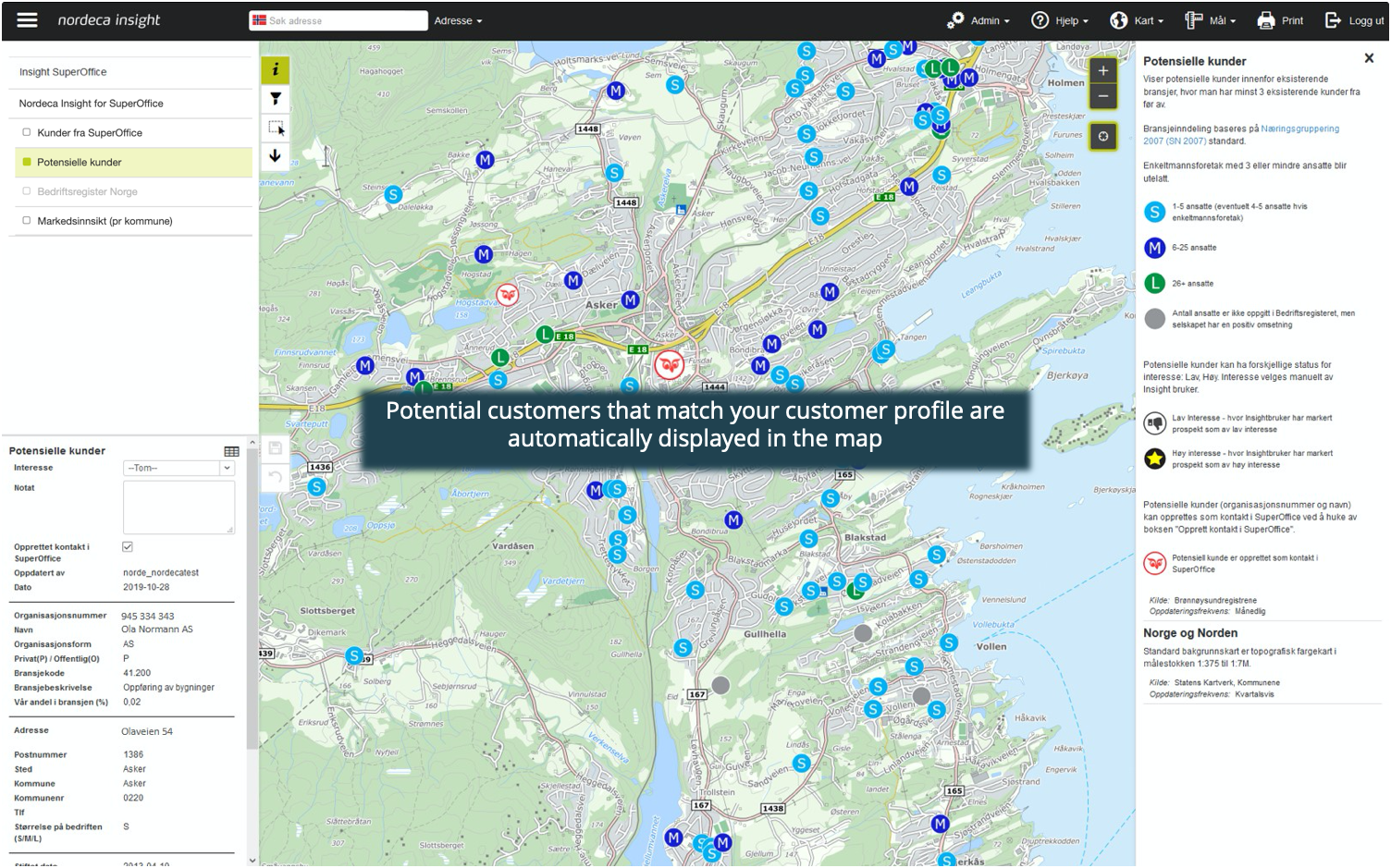 Nordeca insight map displays potential customers matching a customer profile