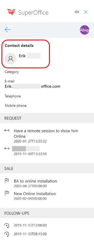 Contact details in SuperOffice cloud, showing details as email, telephone, mobile phone, request, sales and follow-ups