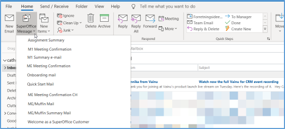 Access email message templates from dropdown under button "SuperOffice Message" in Outlook