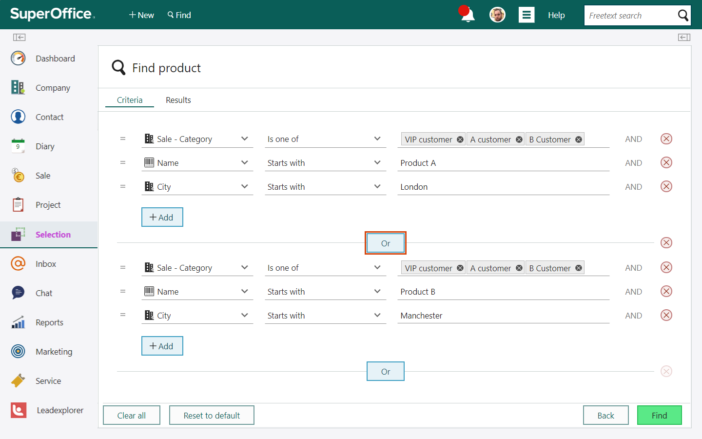 Screenshot of a group of criteria, then a button labeled "Or" and then another group of criteria