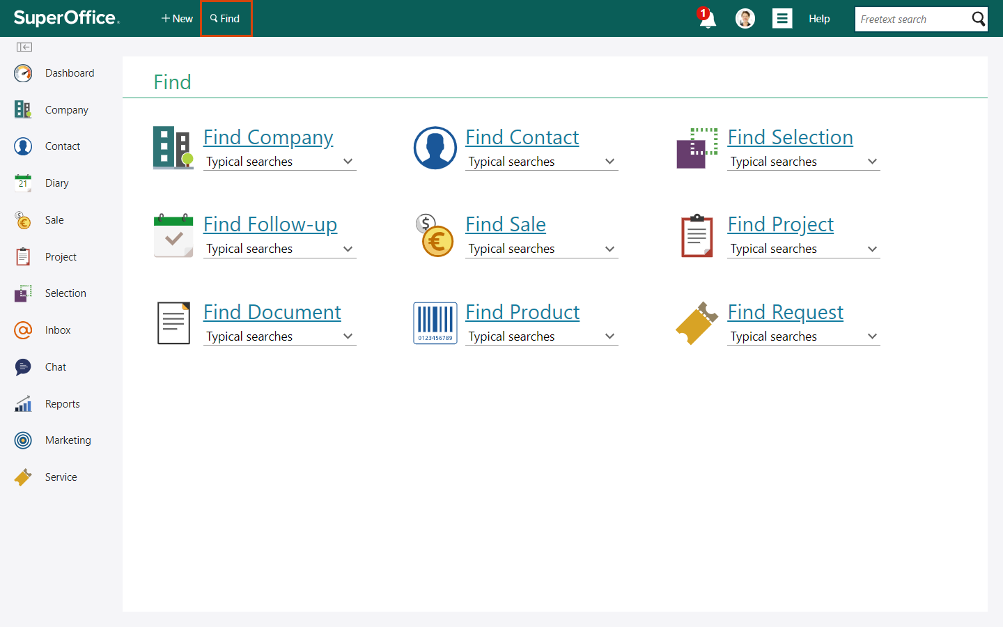 Screenshot of options Find Company, Find Contact, Find Selection, Find Follow-up (and so on)
